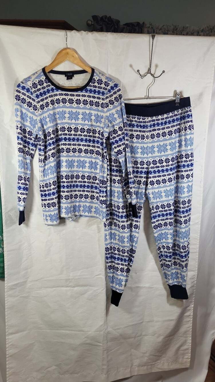 J.Crew Blue Snowflake Fair Isle 100% Cotton Long-Sleeve Pajama Set Size L
